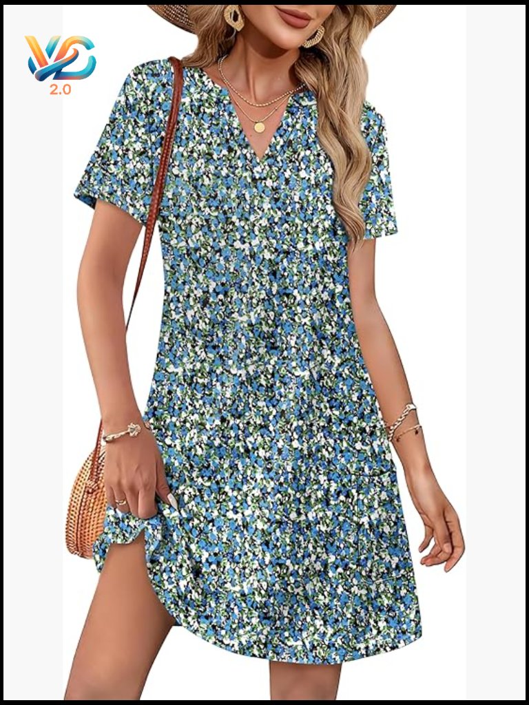 Women's V-Neck Midi Dress Short Sleeve Casual Summer Beach Vacation